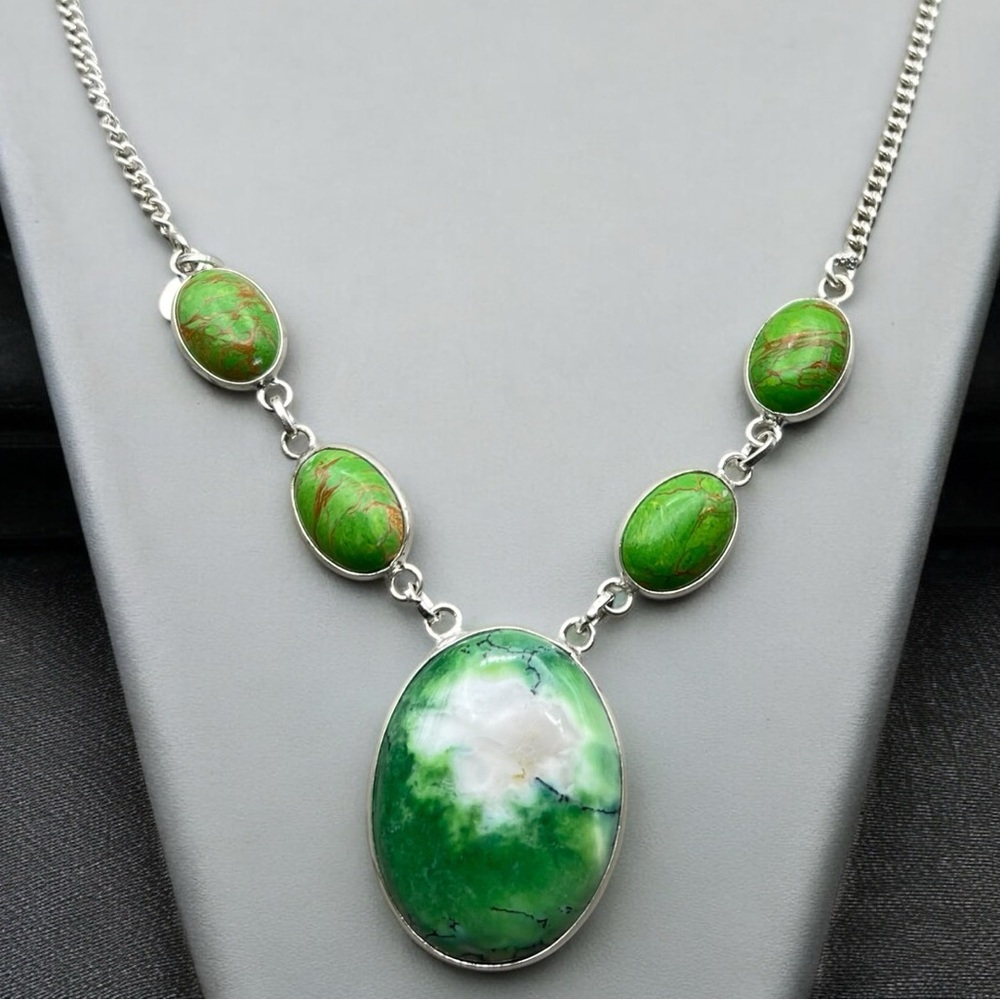 New Green Dendritic Opal Stone w Mosaic Jasper Silver Overlay Necklace 17”